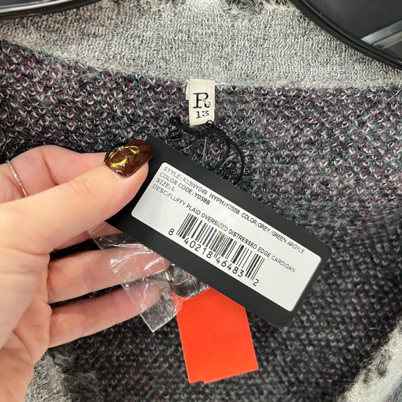 $680 NWT R13 Gray Plaid Argyle Fluffy Oversized Distressed Cardigan Sweater L - Picture 8 of 9